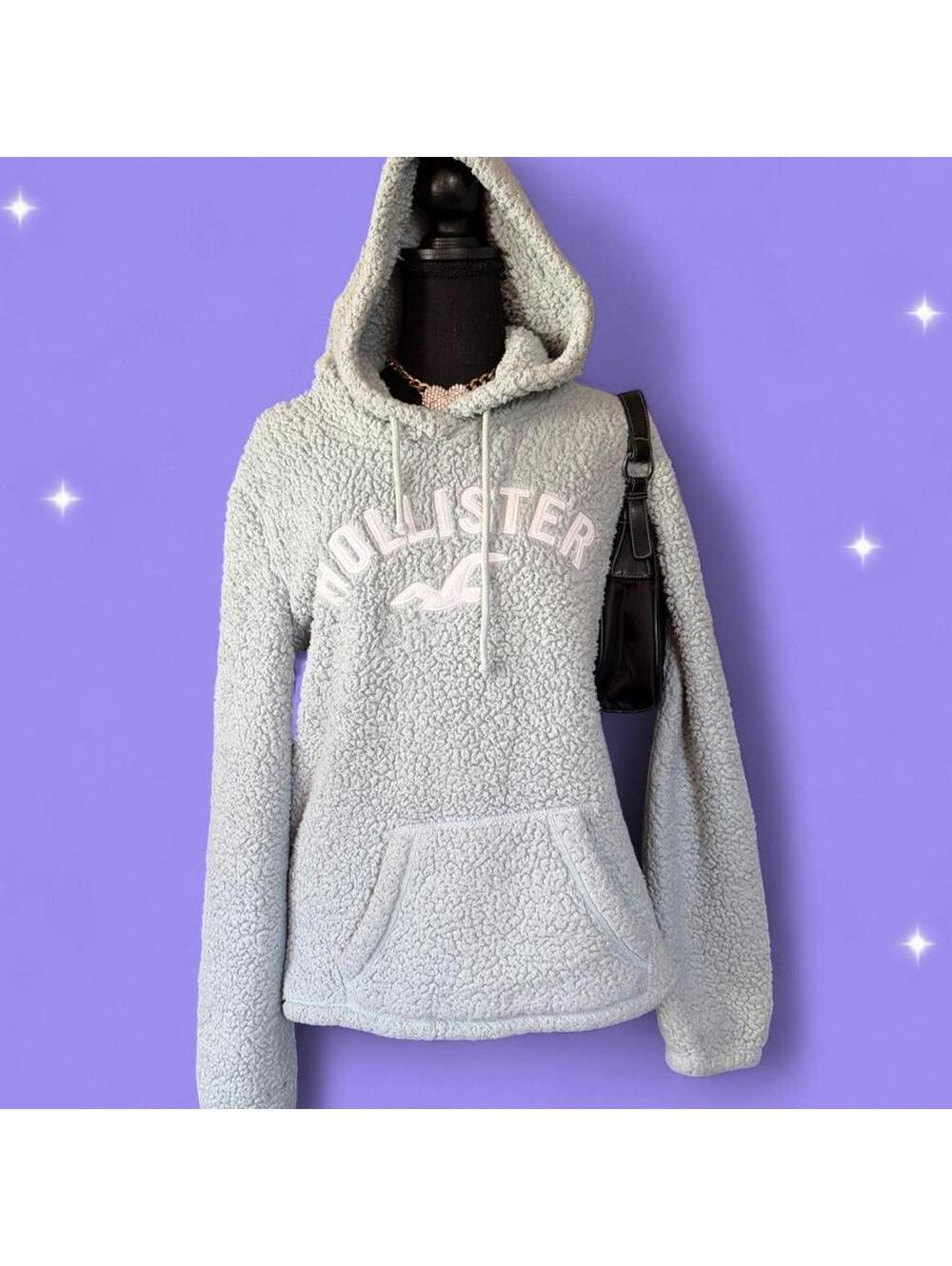 Vintage Y2K Hollister Cozy Sherpa Blue-Gray Fleece Hoodie size medium 🩵